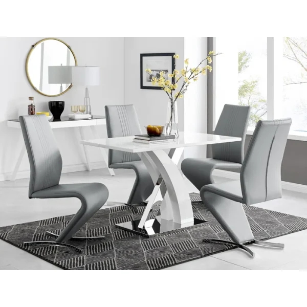 Edzard Chrome & White High Gloss Dining Table Set with 4 Luxury Faux Leather Dining Chairs