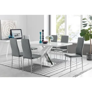 Edzard Chrome & White High Gloss Dining Table Set with 6 Luxury Faux Leather Dining Chairs
