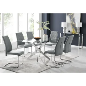 Lenworth Modern Chrome Metal and Glass Dining Table Set with 6 Luxury Faux Leather Dining Chairs